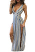 Sexy Blue White Striped Knot Back Sleeveless Romper Dress